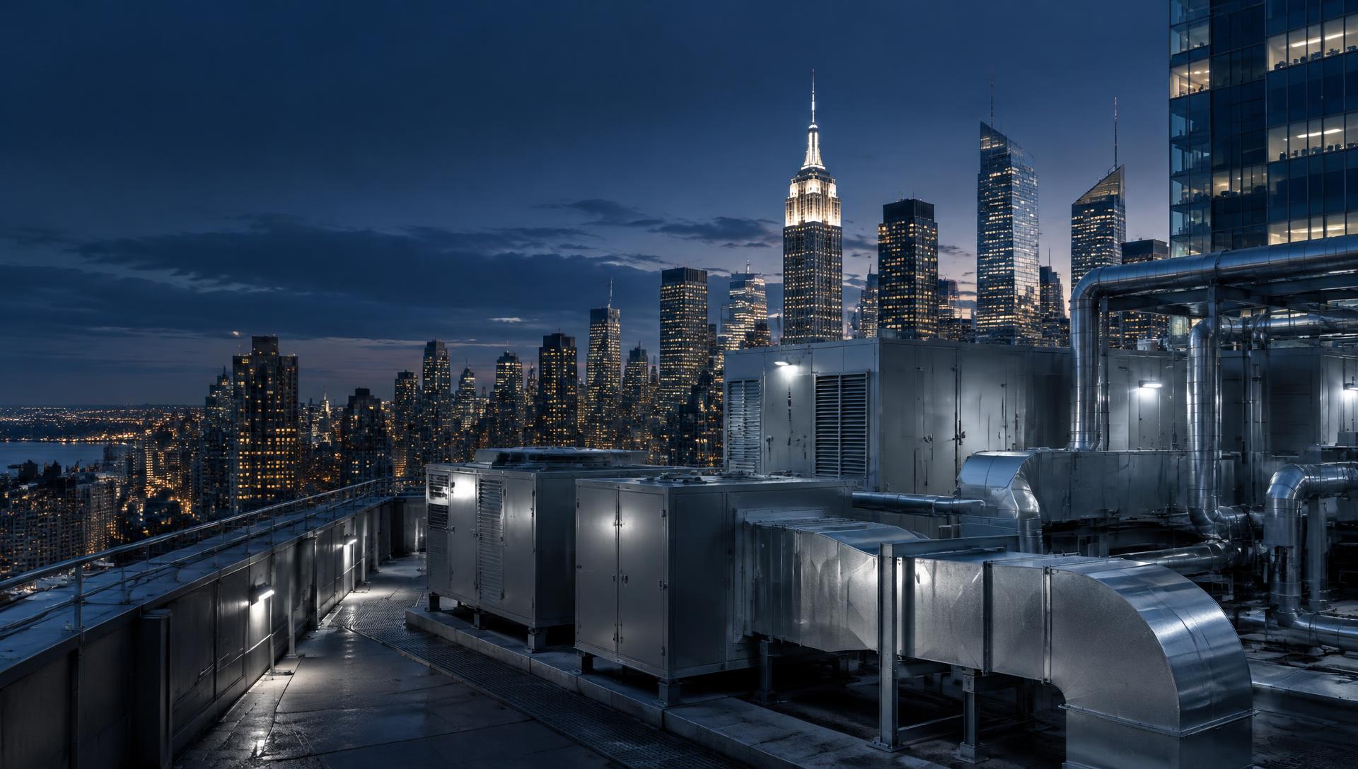Illustrative commercial rooftop mechanical setting overlooking the Manhattan skyline